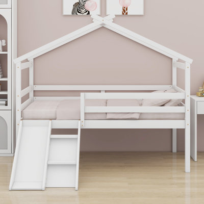 Low Loft House Bed With Slide, Ladder, Safety Guardrails, House Roof Frame