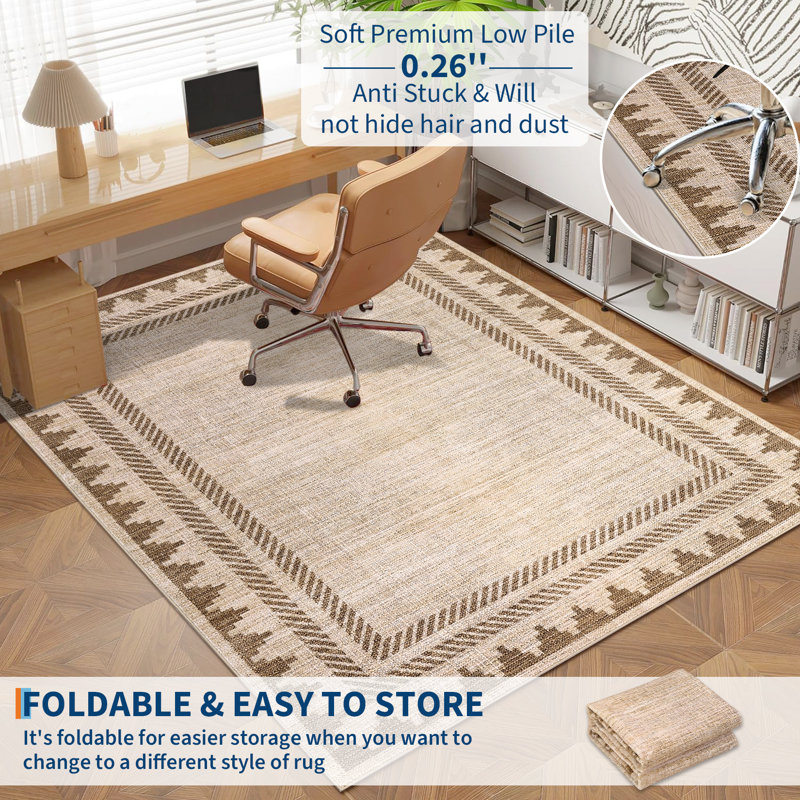 Tapis lavable Geometic Border, Brown, Rectangulaire 8 pi x 10 pi