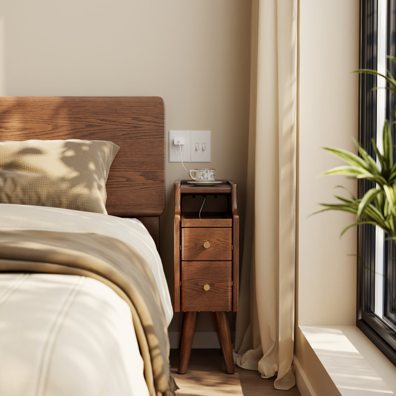 Narrow Solid Wood Nightstand with 2 Drawers, Brown, 7.87"W