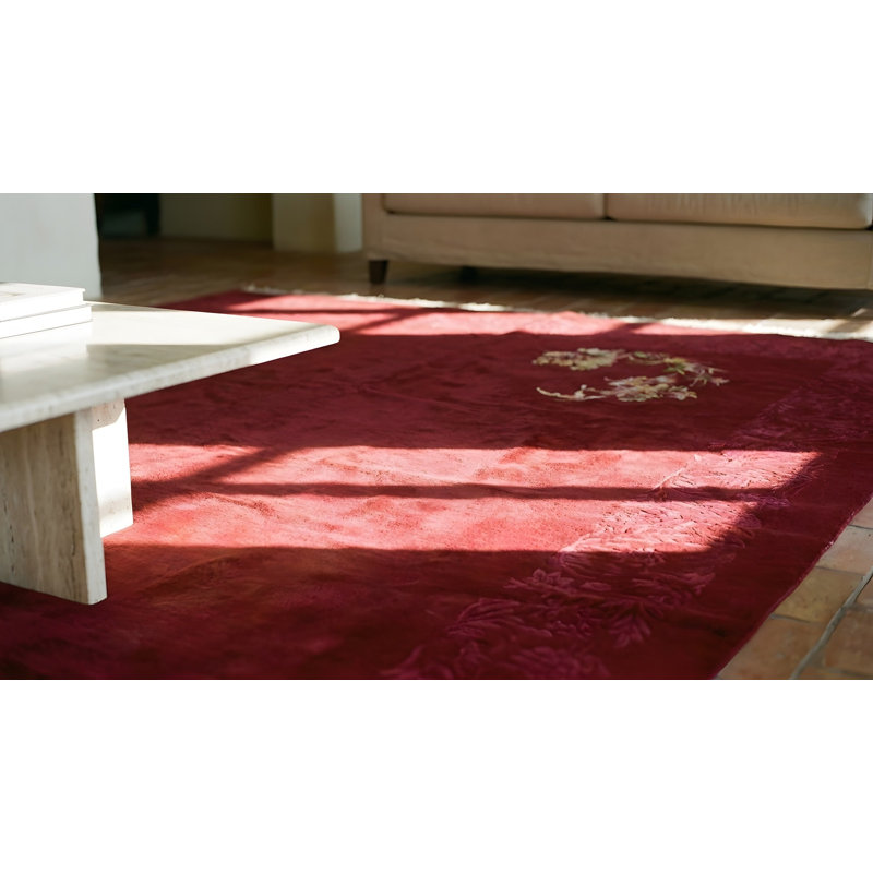 Tapis rectangulaire corail noué à la main style antique chinois des années 1920 en laine Art Deco