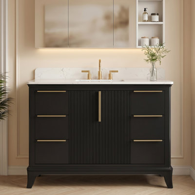  Meuble-lavabo 48 po avec comptoir en pierre blanche de Carrare, armoire cannelée bleue, lavabo en céramique encastré, portes et tiroirs à fermeture en douceur, entièrement assemblé