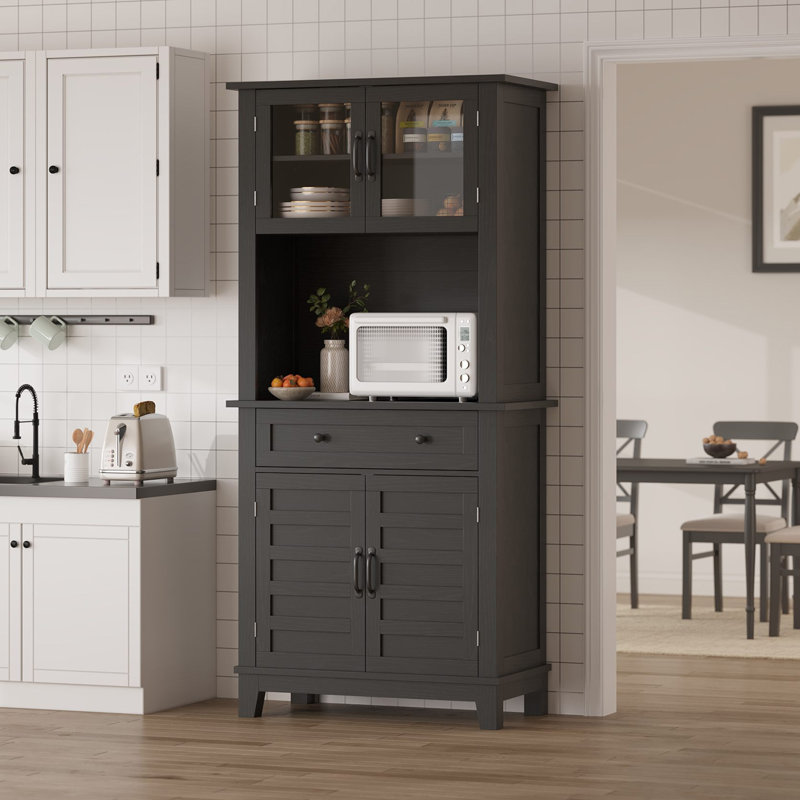 Armoire de cuisine de 72 po de hauteur, armoire-bar avec support pour micro-ondes, table basse de style campagnard, armoire avec portes en verre pour la salle à manger