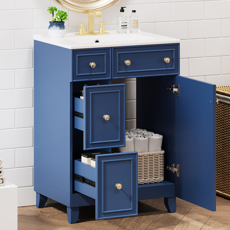 Meuble-lavabo bleu - Fonction pratique, lavabo facile d'entretien en céramique 24 po, aspect élégant, Bleu / Doré