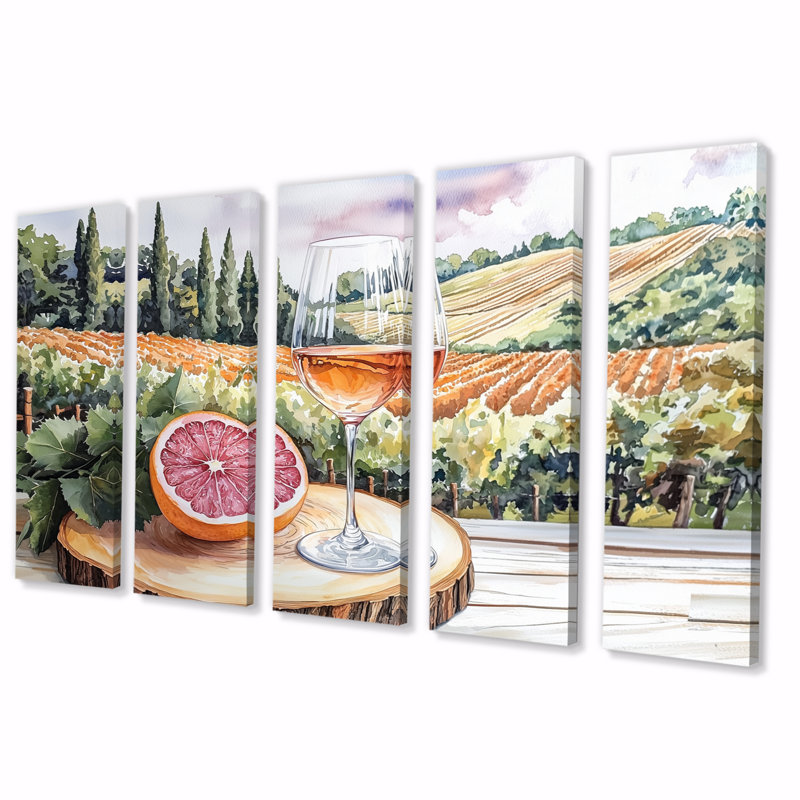 Pamplemousse avec verre de vin dans un vignoble III - art mural de vignoble - ensemble d'art mural traditionnel 5 pièces