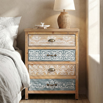 Vintage Accent Cabinet with 4 Drawers & Fir Wood, Rustic Accent Chest with Ornate Pattern for Bedroom Living Room