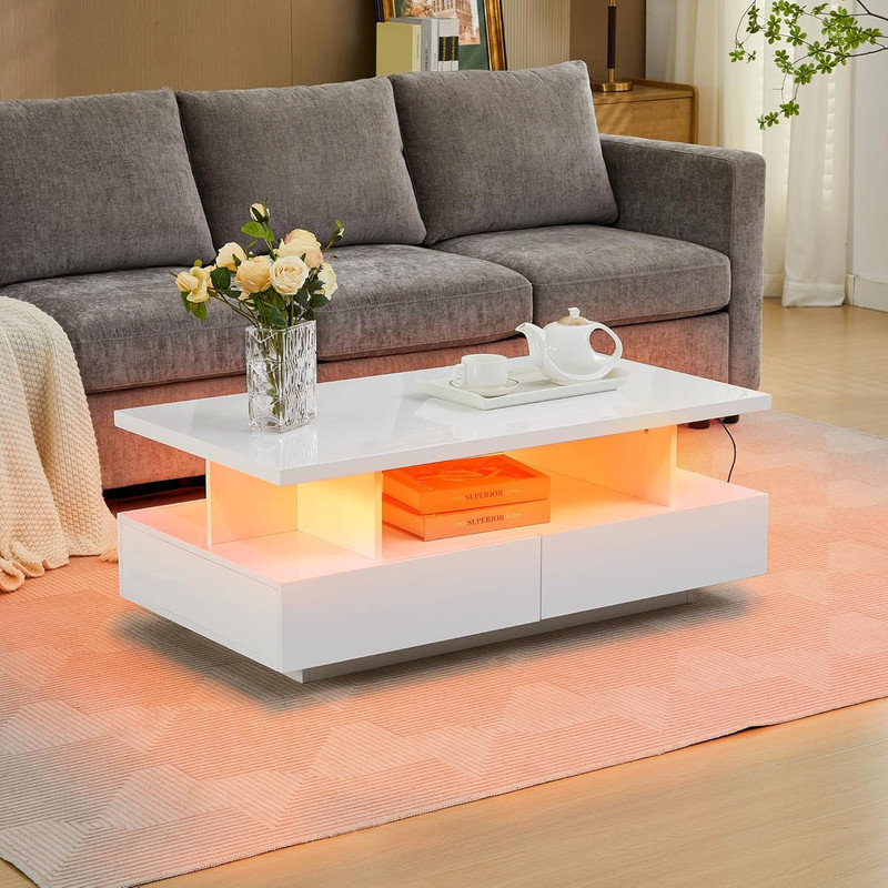 Modern LED High Gloss Coffee Table - 4 Drawers & Open Shelf | Rectangular Wood Centre Table with Storage for Living Room