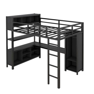 Lit mezzanine double en métal avec garde-robe et bureau en L, lit mezzanine robuste pour enfants, adolescents, adultes