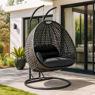  2-Person Charcoal Wicker Swing Chair With Stand, Extra-Wide Double Swing For Patio, Backyard Or Sunroom