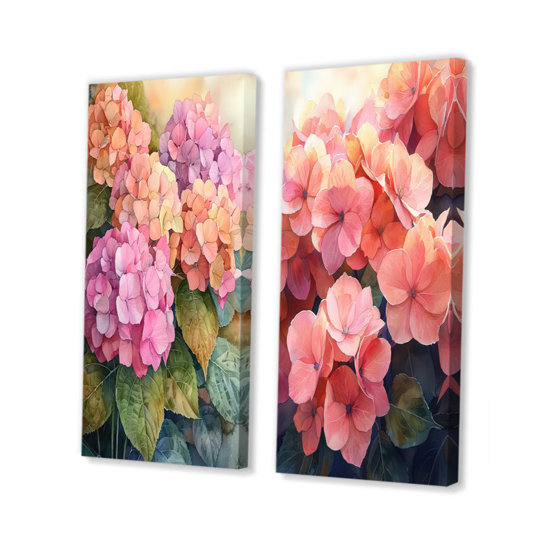 Hydrangeas in the Sunset Glow III - Art mural floral 2 panneaux, H 28 po x l 25 po, Toile tendue, Ne s'applique pas