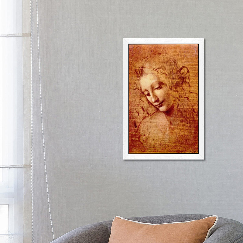 Head Of A Woman by Leonardo Da Vinci - Print on Canvas, 66.04 cm H x 45.72 cm W, White Framed