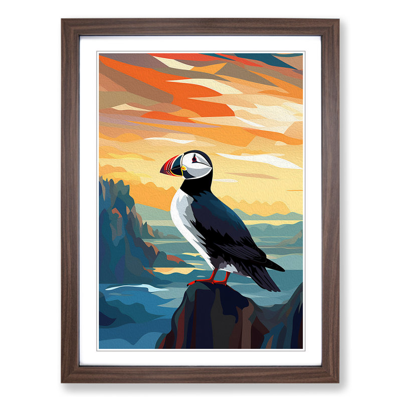 XYZ-FRM-V1223-5310 Puffin Art Deco No.3 - Single Picture Frame Print on Wood, 64cm H x 46cm W x 2cm D, Walnut