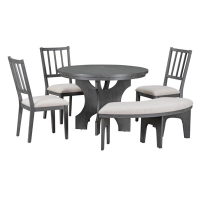 5-Piece Dining Table Set, 44"" Round Dining Table With Curved Bench & Side Chairs For 4-5 People For Dining Room And Kitchen -  STYLISH, OKKK612-ST000098AAE