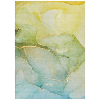 3' X 5' Green Abstract Washable Non Skid Indoor Outdoor Area Rug