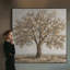 Impression sur tissu grand format - Motif arbre fleuri or et blanc neutre pour salon ou chambre - « Assemblage du cadre requis (cadre non fini) »-135869445