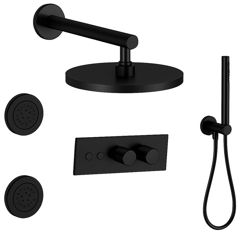 LineaBox Horizontal Round 3-Way Diverter Shower System with 8-Inch Rain Shower Head, Two Body Sprays and Wall Mounted Hand Shower, Valve Included