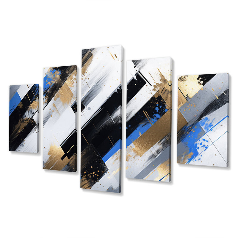 «Blue Gold Bold Stripes I», reproduction sur toile - 5 panneaux