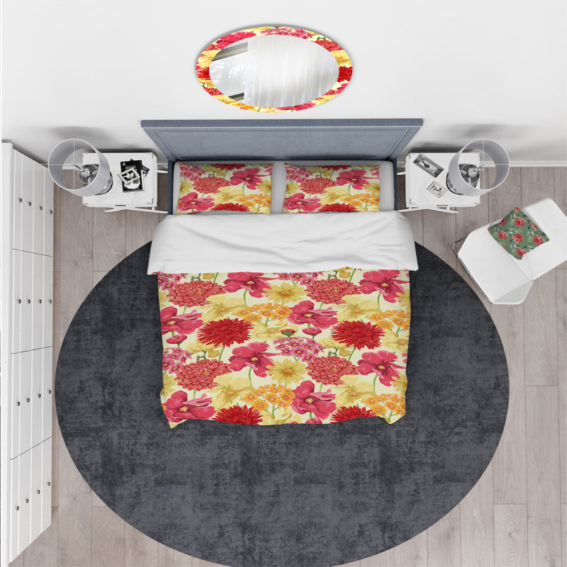 Ensemble de housse de couette designart fleurs, Housse simple + 1 taie décorative