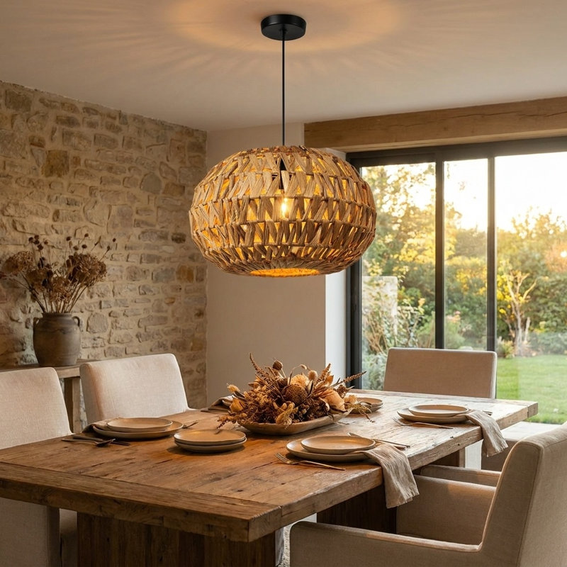 Luminaire suspendu en rotin naturel Hantek, plafonnier suspendu Boho tissé 15 po, douille E26, luminaire de style campagnard nordique pour îlot de cuisine