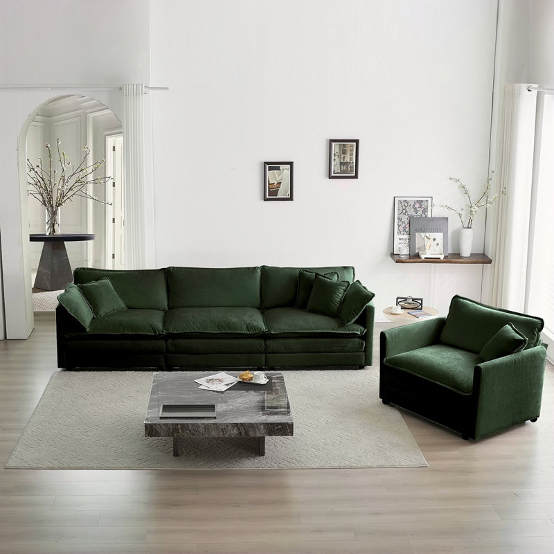 Ensemble de canapé modulaire 2 pièces, ensemble de canapés modulaires de salon, canapé à assise profonde pour salon, 1 + 3 places en chenille verte