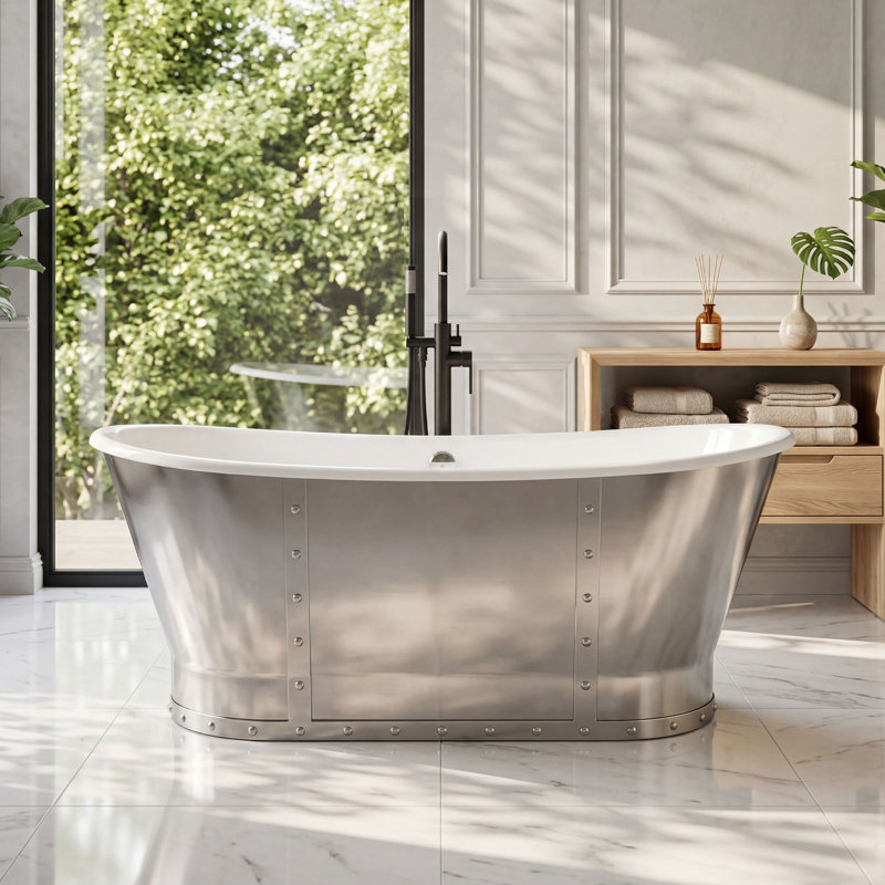 Baignoire de trempage autoportante en fonte à double extrémité avec trop-plein et bonde 67 po Akicon, Stainless steel