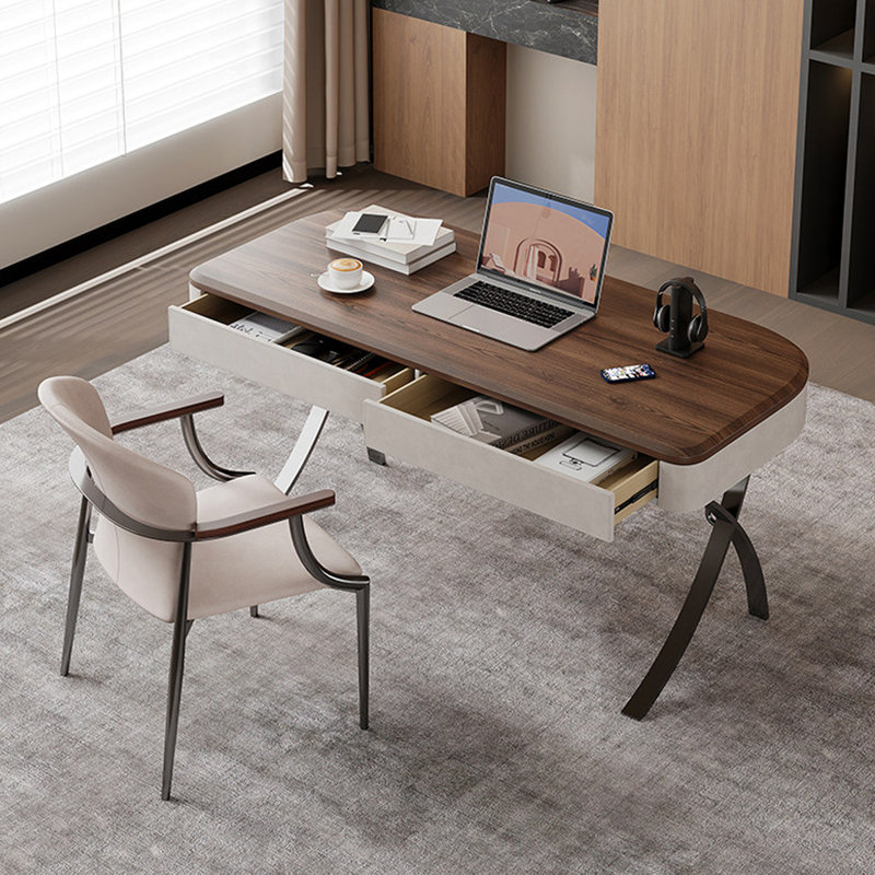 Bureau avec plateau en placage de noyer, revêtement en similicuir et pieds en métal en forme de X