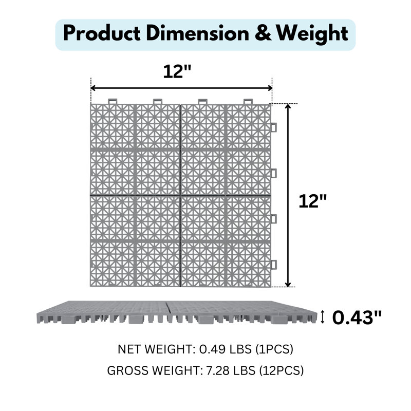 12 x 12 Inch Gray Interlocking Plastic Waterproof Deck Tiles Rosette Pattern (12pcs)