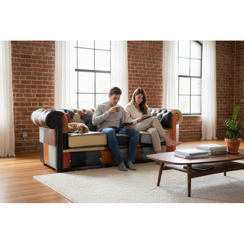 3 Seater Genuine Leather Sofa, Beige/Orange