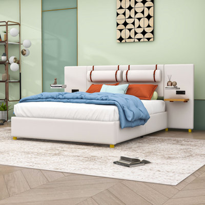 Abeal Upholstered Platform Bed with Built-In Outlets, USB Ports, Headboard Pillows & Bedside Shelves