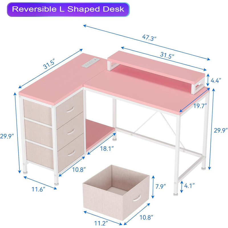 Ergonomic L-Shaped Computer Desk with 4 Power Outlets, 2 USB Ports, 7-LED Lights, Removable Stand, Drawers & Bookshelf