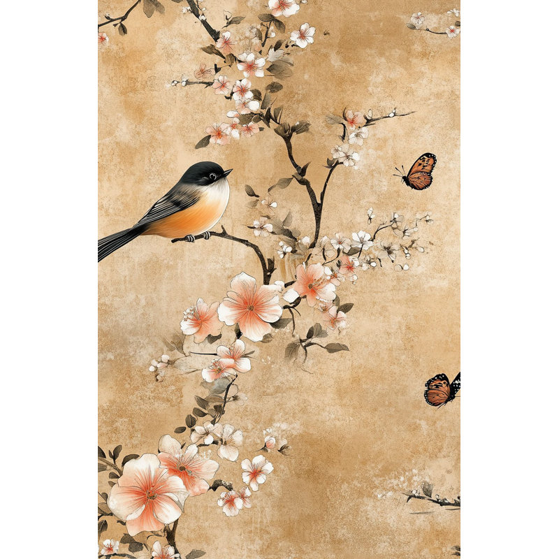 Papier peint oiseau et fleur d'oranger