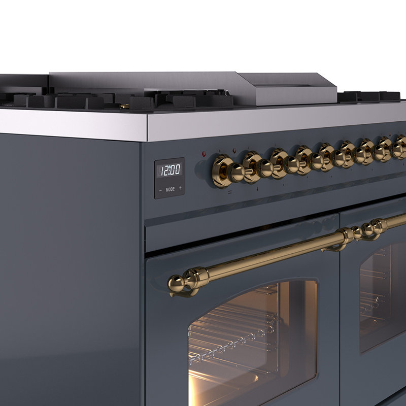 ILVE Nostalgie II Series 40 inch Dual Fuel Range with 6 Sealed Burners, Griddle (Glass Door), Liquid Propane, Blue Gray/Brass