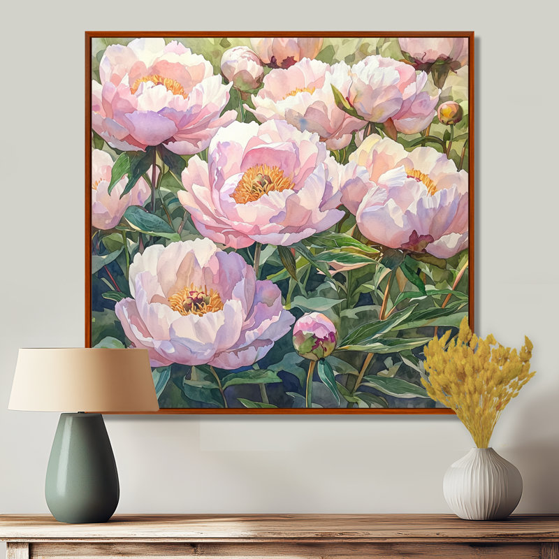 Pivoines dans le jardin de fleurs II - décorations murales pivoines, H 16 po x l 16 po, Impression encadrée flottante, Brun