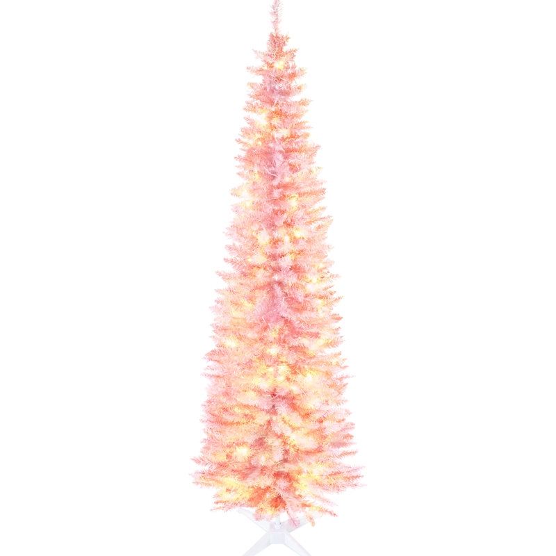 Grand sapin de Noël rose de 7 pi avec branches ignifuges, 200 lumières DEL blanc chaud et base à basse consommation artificielle à installation rapide, 499 pointes