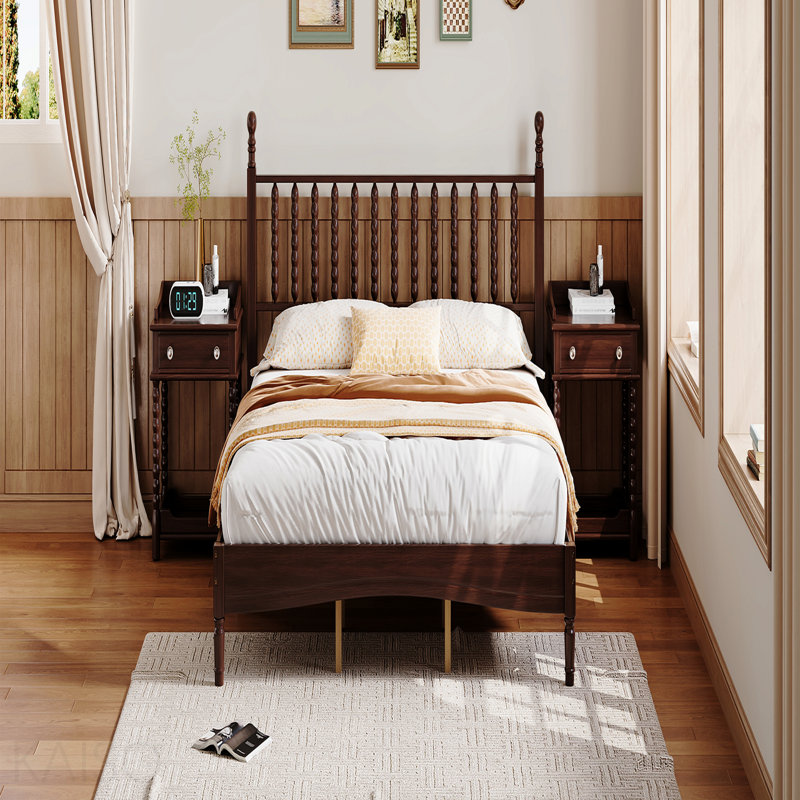 Lit plateforme très grand en bois avec tête de lit en forme de gourde, lit plateforme de style rétro avec support à lattes en bois, noyer