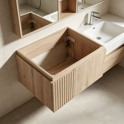24" White Oak Woodgrain Plywood Vanity Base with Double Doors and soft-close door hinges,Floating Cabinet Base Only, NO Basin and Top, NO Faucet and Sink Cover