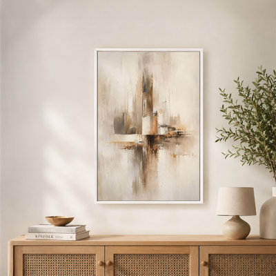 Beige Brown Vertical Brushstrokes Cross Canvas Wall Art with Floating Frame, Ready to Hang