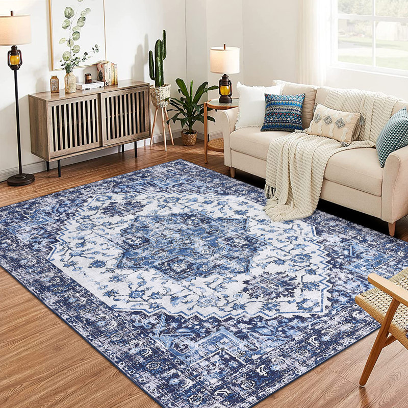 10'x13' Vintage Low-Pile Area Rug, Machine Washable Non-Slip Stain Resistant Carpet for Large Living Room, Blue, Blue
