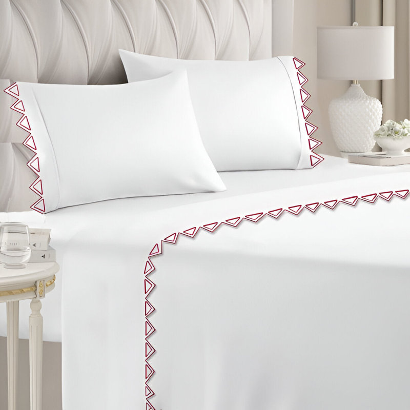 Ashley 400TC Cotton Traingle Embroidery Cotton 4 Piece Sheet Set Fitted Sheet Fits Upto 16" Deep Pocket, Full XL Sheet Set