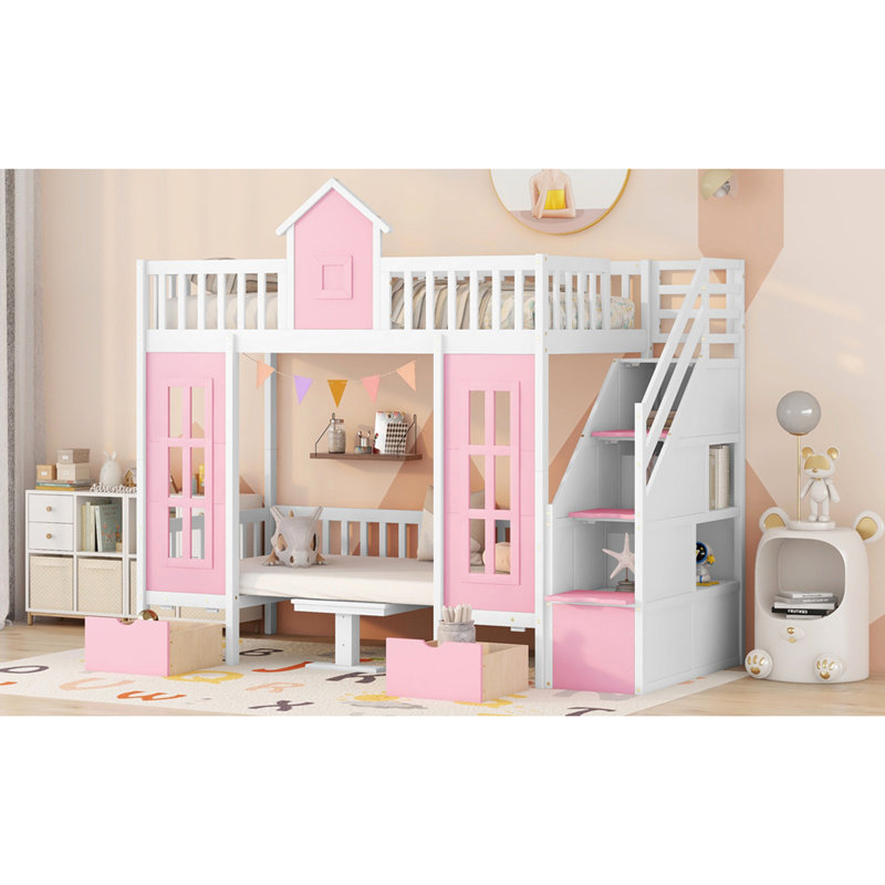 Lit superposé rose Twintwin avec bureau convertible, bureau simple et modulaire - rose, attrayant, Rose