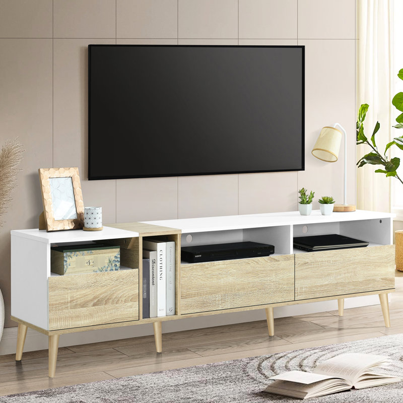 Meuble télé avec 3 tiroirs et tablettes ouvertes, convient aux téléviseurs de 70 à 79 po, centre de divertissement moderne, meuble central de couleur assortie, télévision et