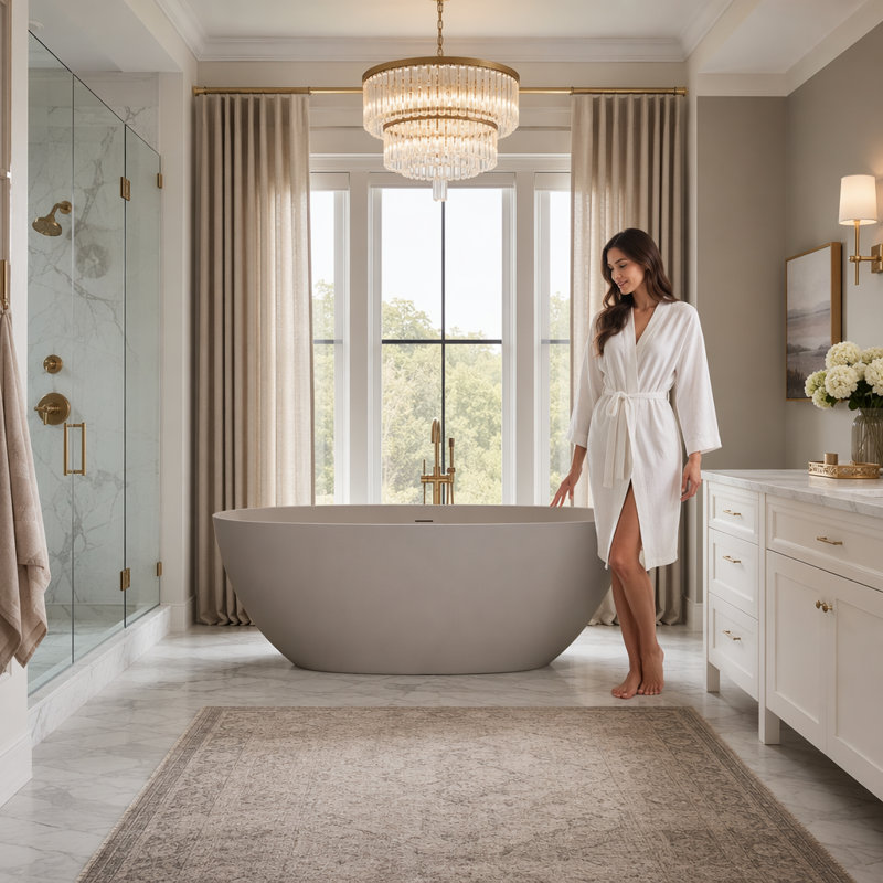 Baignoire de trempage autoportante de 63 pouces à surface solide beige, Beige chaud