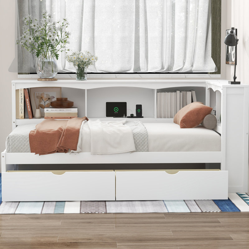White Twin-size Daybed With Storage Space And Chargers - Build For A Relaxing Sleep Environment Twin Size Two Drawers, Ports Cabinets In Solid Wood Construction Durability