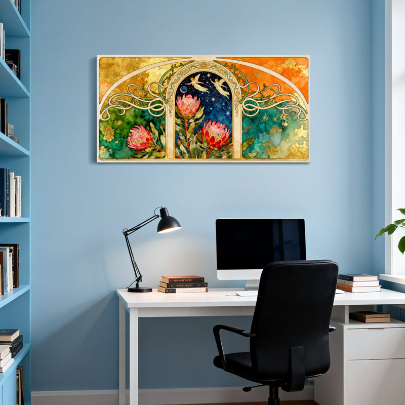 Arche florale artistique avec des oiseaux et des étoiles, H 28 po x l 58 po