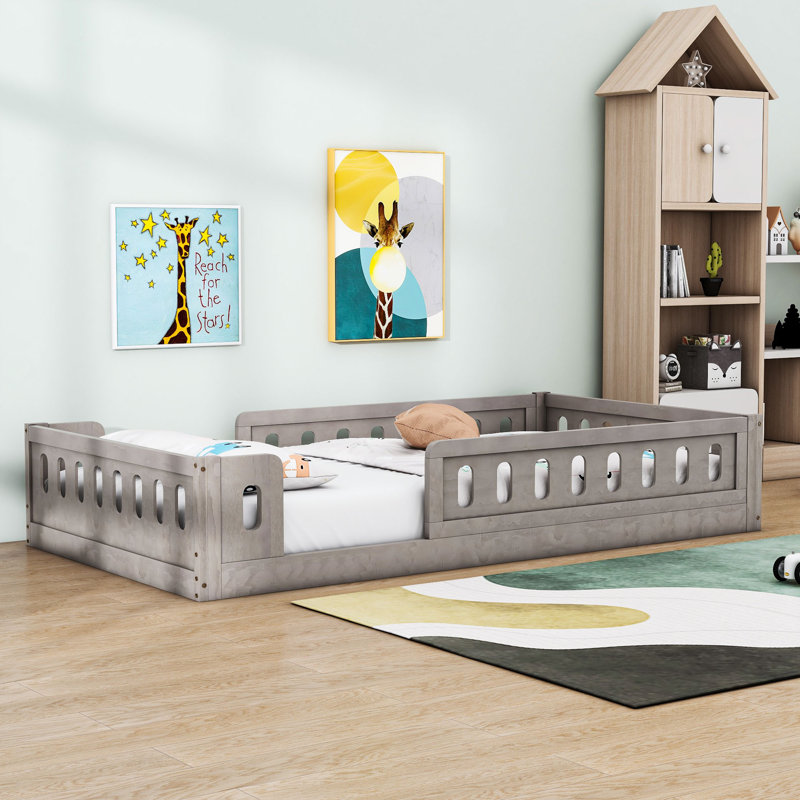  Lit plateforme simple en bois avec garde-corps Kalah, Naturel