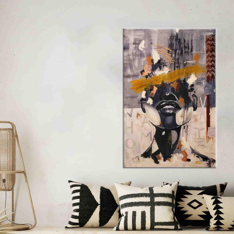 Art mural moderne abstrait avec un visage de femme sur toile - cadeau idéal pour les amateurs d'art, H 43 po x l 31 po