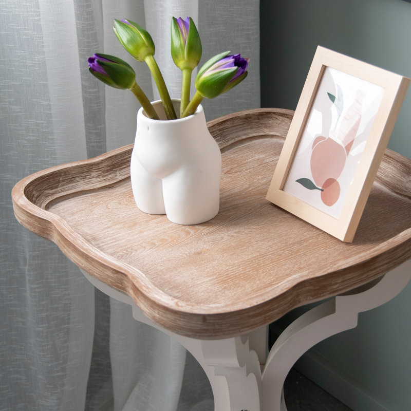 Set of 2 White and Natural Wood Tray Top End Tables