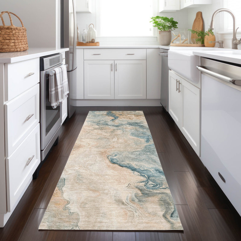 Machine Washable Indoor/Outdoor Cinead ACN1680 Teal Rug, Runner 2'3" x 7'6"