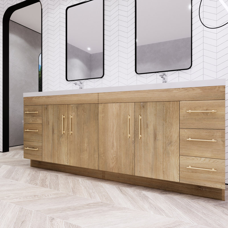 Irline 83.46'' Double Bathroom Vanity with Acrylic Top, Oak