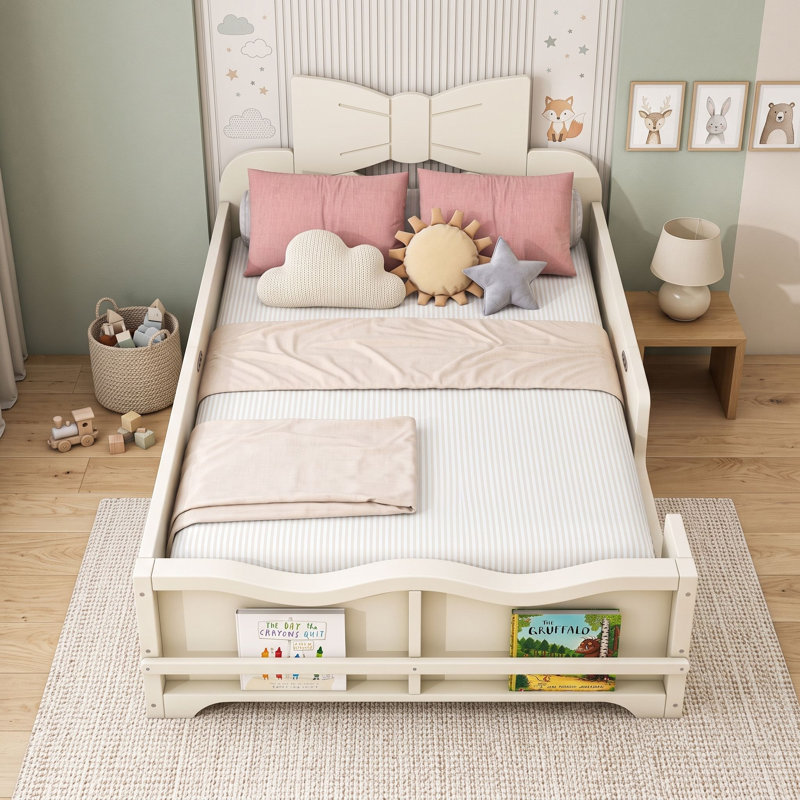 Lit Montessori / lit sur pied avec bibliothèque, garde-corps complet, Lit simple, Beige