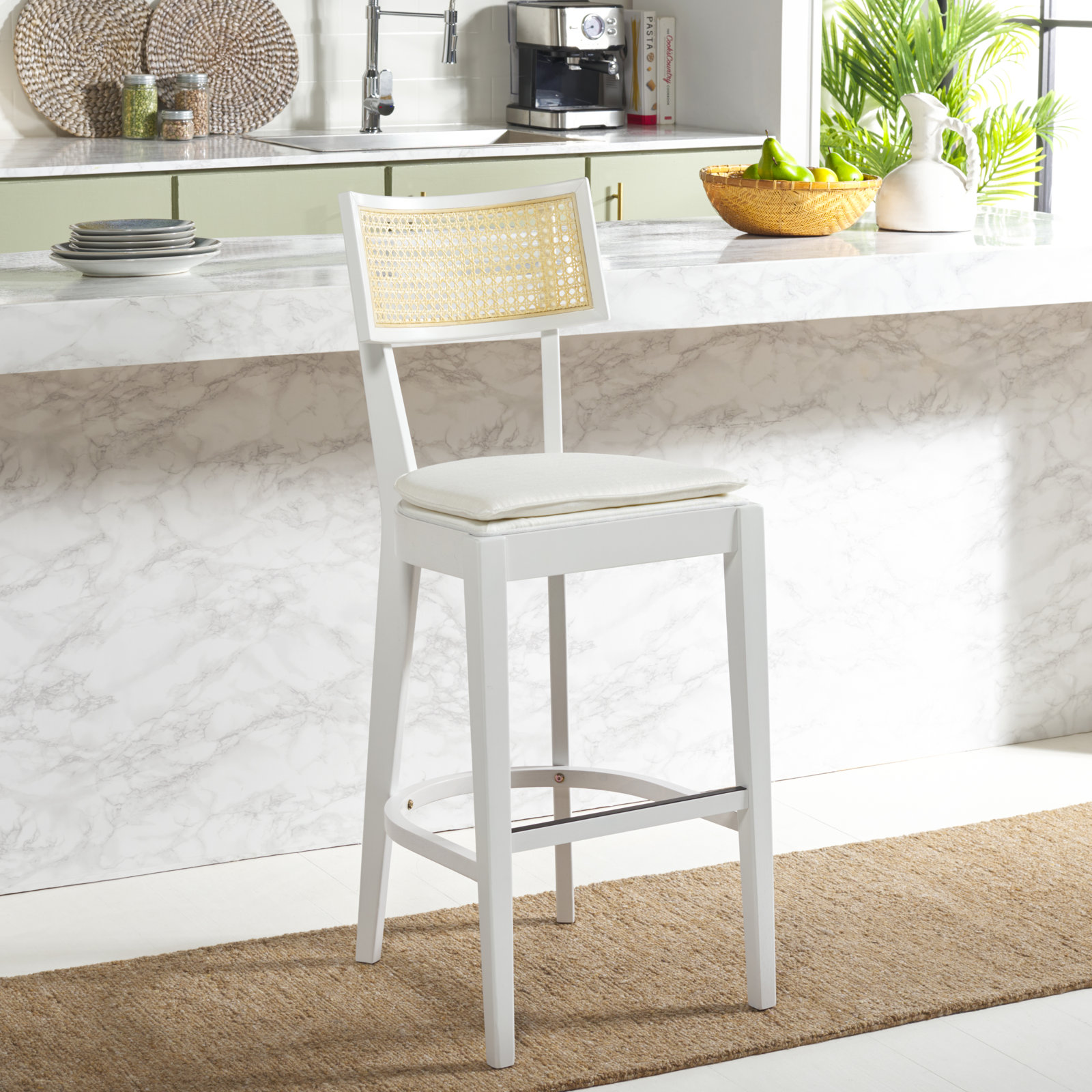 Tarrington Cane Stool, Bar Stool (30.5" Seat Height), Natural/White
